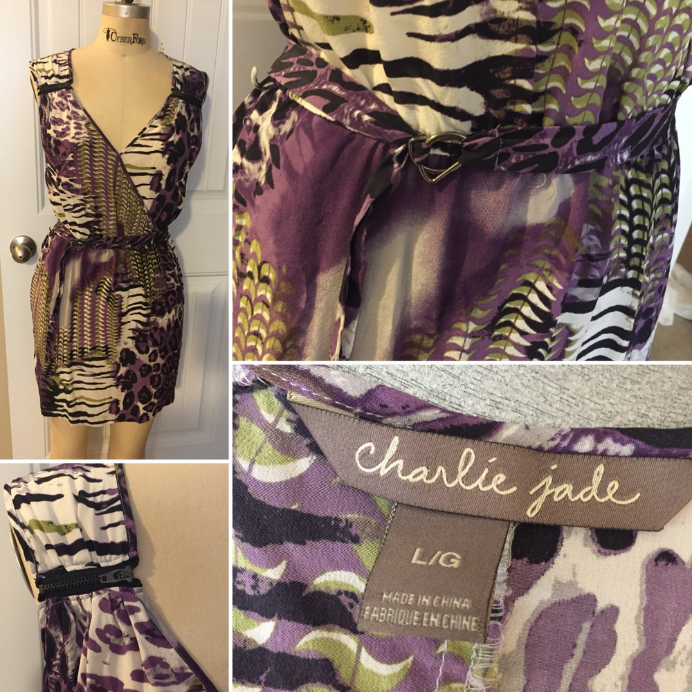 Purple and green faux wrap dress